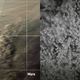 Two images of similar cloud patterns on Mars (left) and Earth (right).